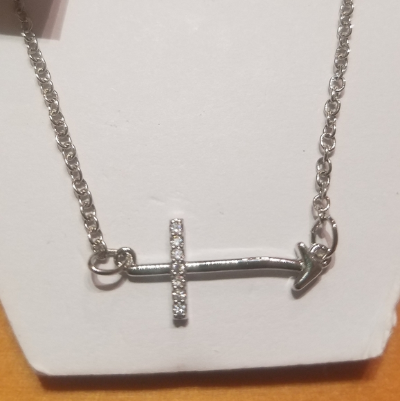 Silver & diamonds sideways arrow cross crucifix & chain neckalace pendant - Picture 1 of 9